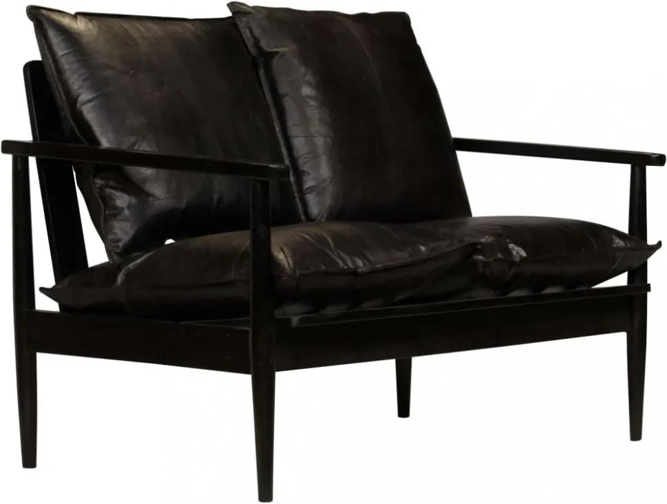 Fekete valódi bőr és akácfa kétszemélyes kanapé