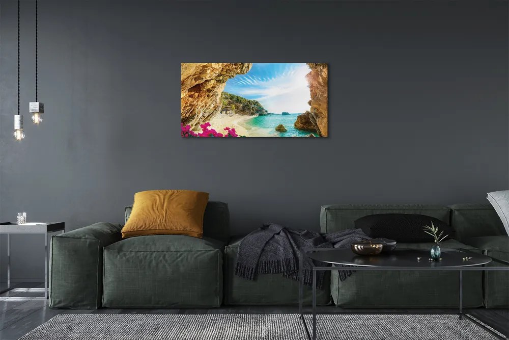 Canvas képek Görögország parti sziklák virágok 125x50 cm