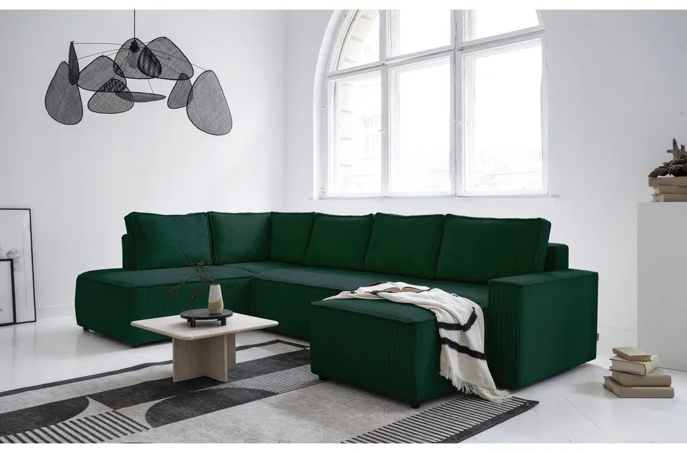 Sötétzöld kordbársony kinyitható sarokkanapé (bal oldali-U alakú) Brave Dave – Miuform