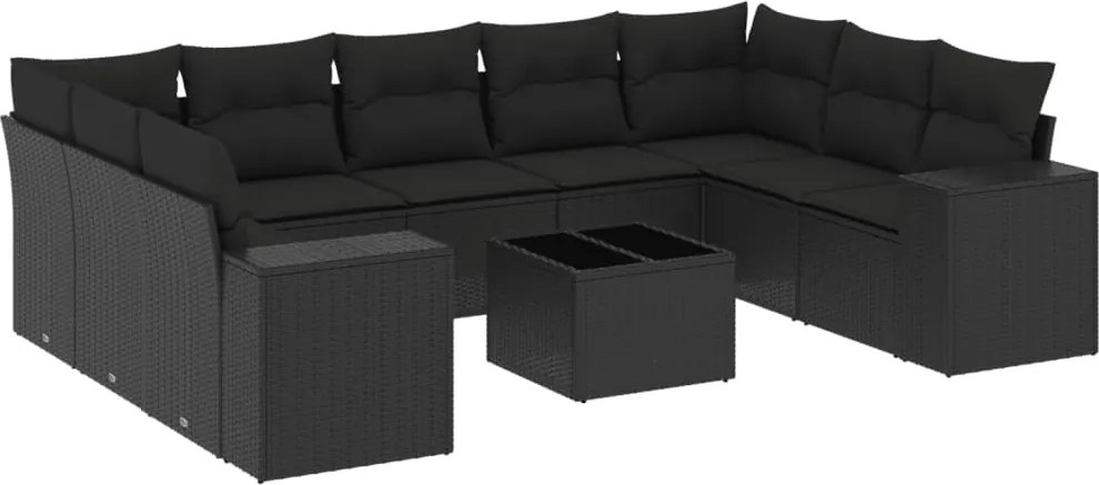 vidaXL 10 részes fekete polyrattan kerti ülőgarnitúra párnákkal