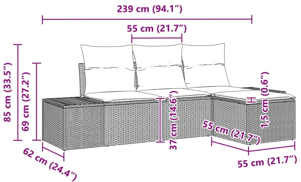 Kert Kanapé Szett 4 Darab Bézs és Krém Rattan, Poliészter Párnák