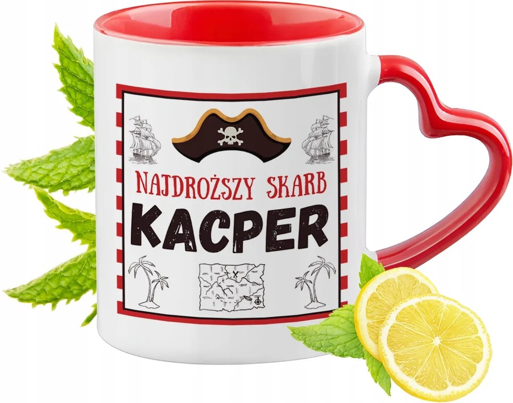 Piros bögre szív alakú füllel Kacpra Ajándék