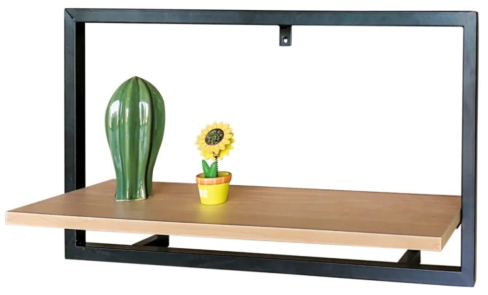 Raft de perete Modern Culoare Stejar cu ramă de Metal Neagră. Dimensiune: 65x20 cm. Material: MDF și Metal. P-074