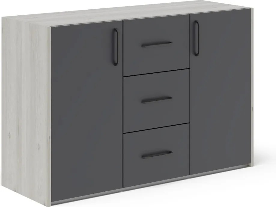 Malmo 2 ajtós, 3 fiókos komód, Fehér tölgy / Antracit, 120 x 42 x 80 cm
