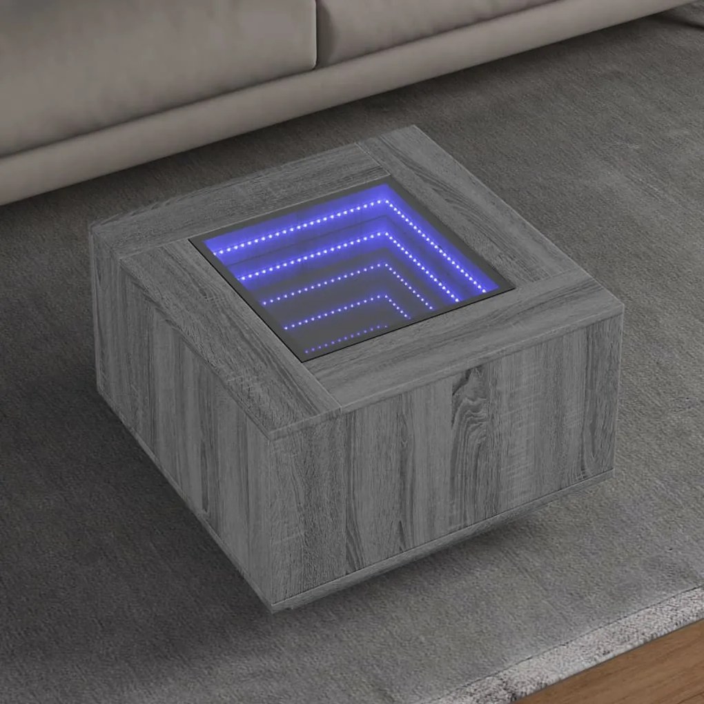 Szürke sonoma szerelt fa dohányzóasztal LED-del 60 x 60 x 40 cm