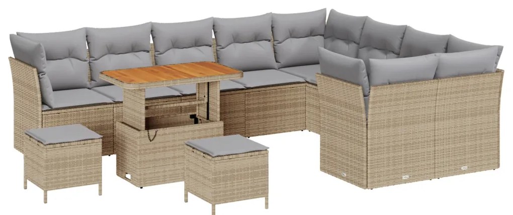 12 Darabos Kert Sofa Szett Párnákkal Bézs Poli Rattan Akácia