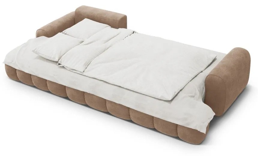 Világosbarna bársony kinyitható-tárolóhelyes sarokkanapé (bal oldali-heverő résszel) Linz – Cosmopolitan Design