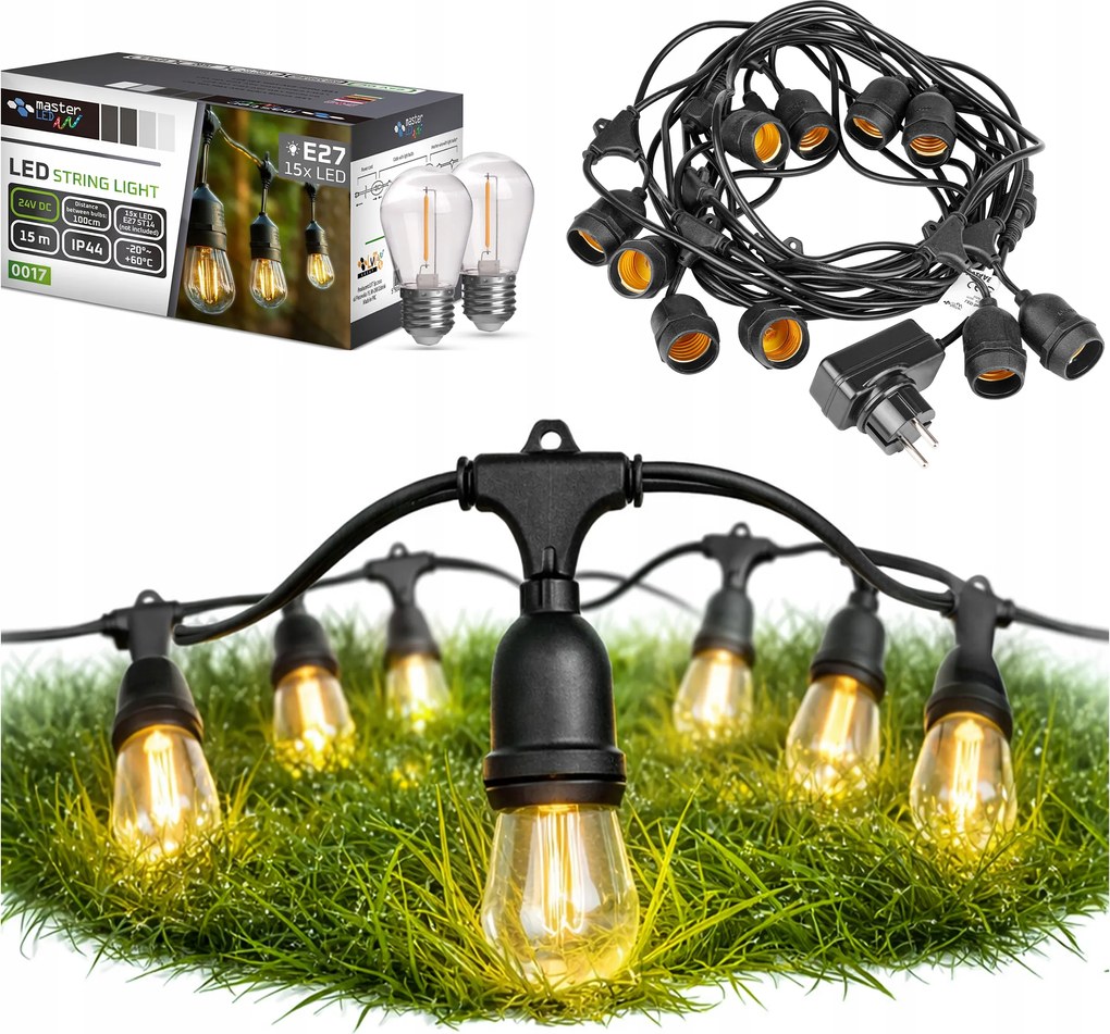 Kerti fényfüzér 15M 15X Led izzó E27 vezetékes vízálló