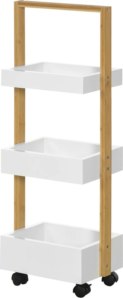 HOMCOM Bambusz Tároló Kocsi Kerekekkel Konyhai Kocsi 3 Kosárral és Fogantyúval Nappalihoz, Fürdőszobához 28x18x75 cm Fehér és Természetes | Aosom