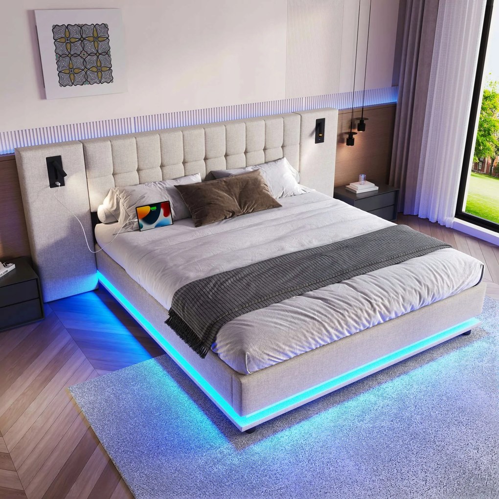 Kárpitozott ágy, 180 x 200 cm Dupla ágy Usb Led Ágyneműhuzat, bézs