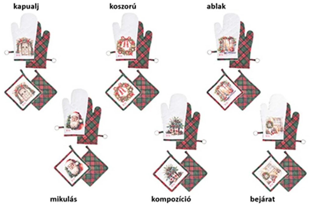 Karácsonyi pamut edényfogó kesztyű és edényalátét szett 6 féle / koszorű