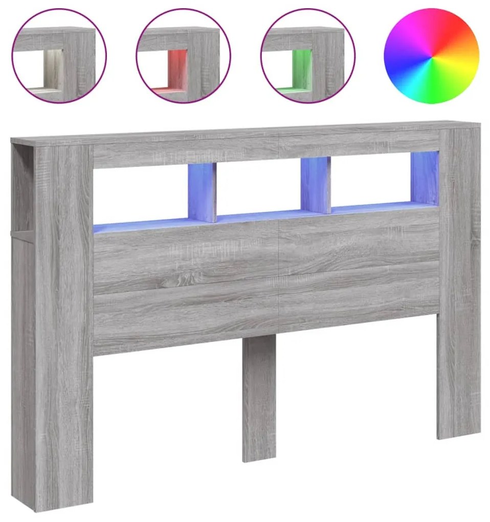 szürke sonoma szerelt fa LED-es fejtámla 160x18,5x103,5 cm