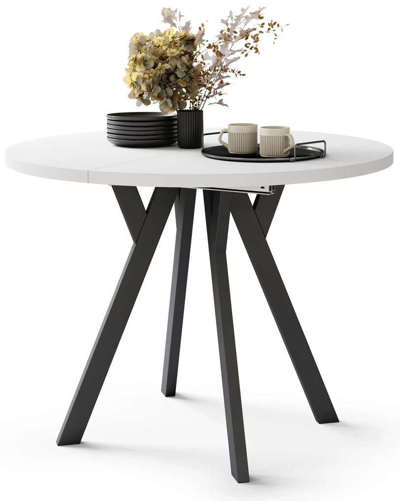 Mazzoni ALMO Fehér Matt/fekete lábak - BŐVÍTHETŐ KEREK ASZTAL Y ALAKÚ LÁBAKKAL LOFT/IPARI STÍLUSÚ NAPPALIBA/ÉTKEZŐBE