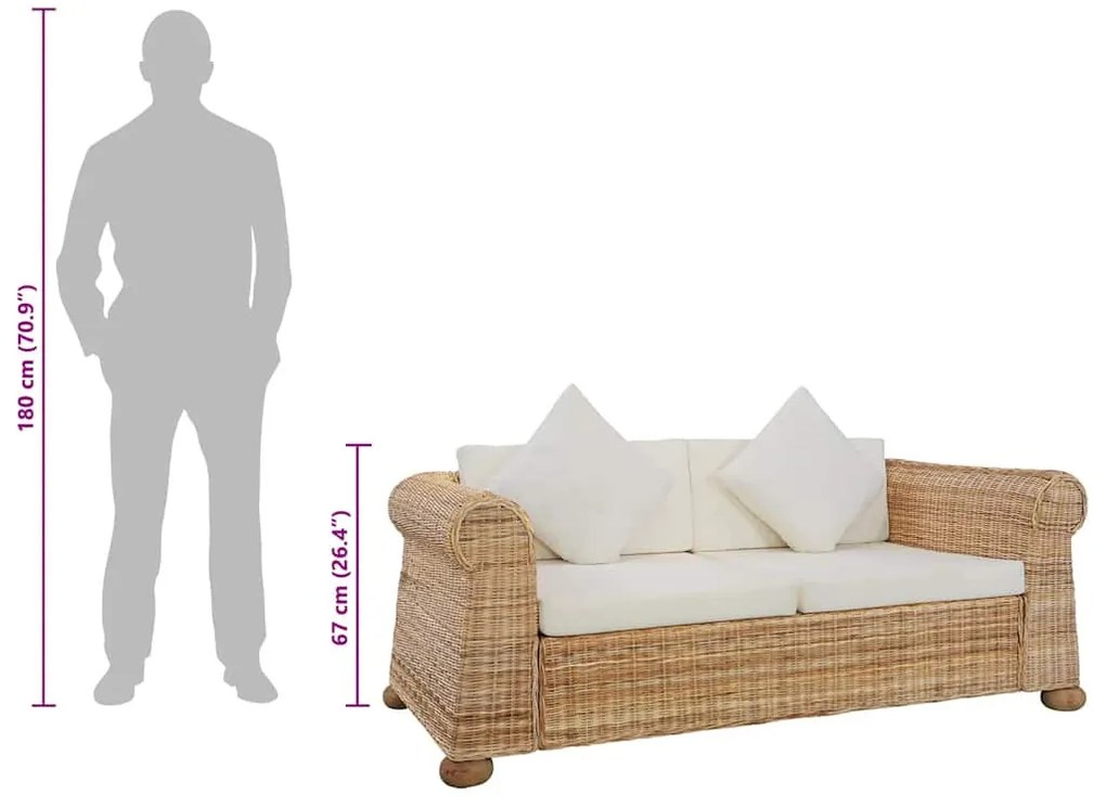 2 személyes természetes rattan kanapé párnákkal