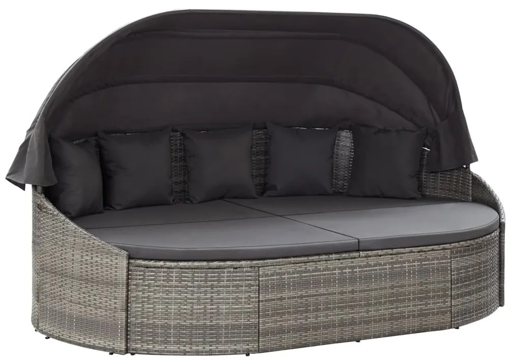 szürke polyrattan kültéri napozóágy napellenzővel