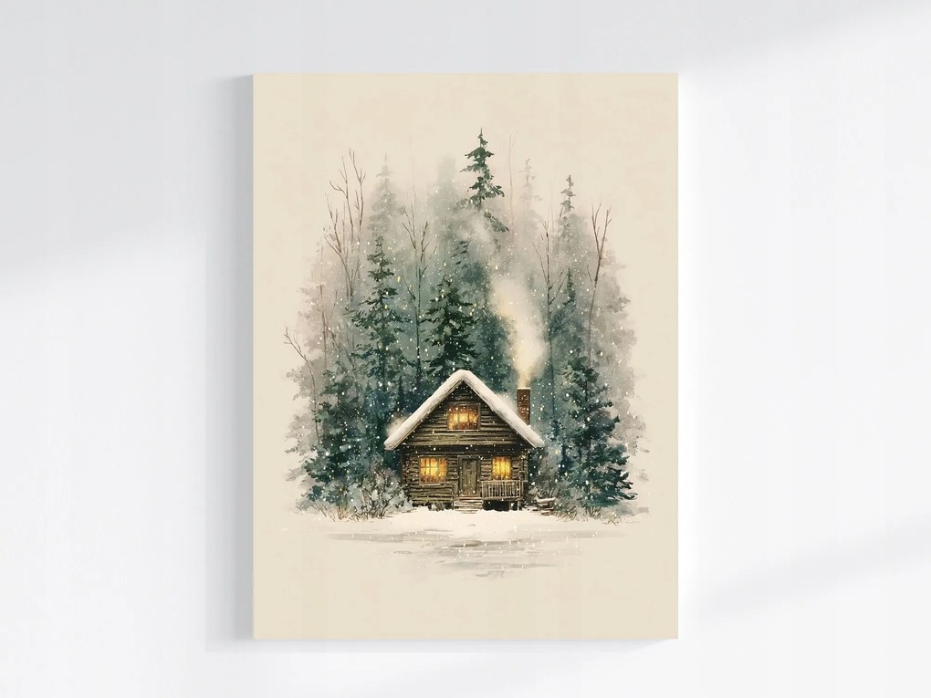 Vászonkép Canvas Tájkép Erdő Ház Kunyhó Tél Hó Este 75x100