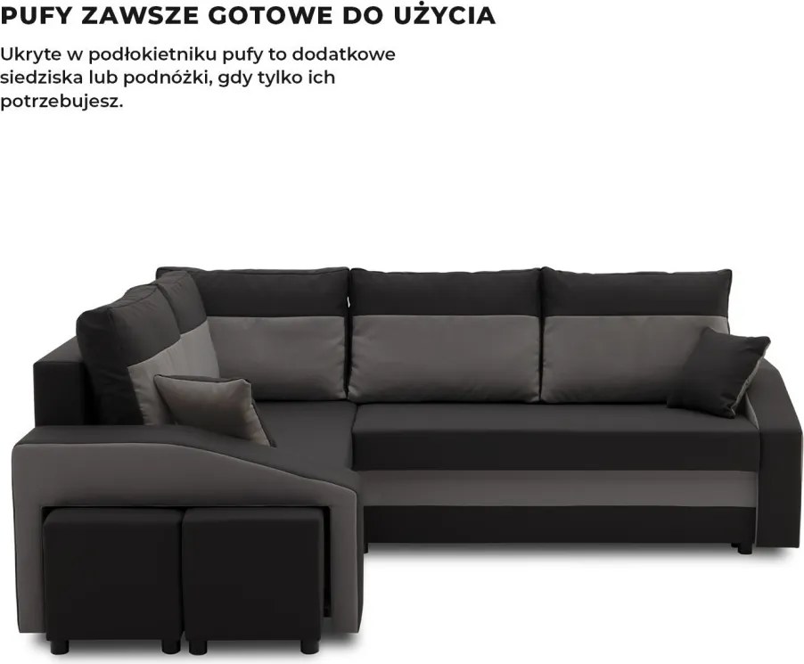 Grande sarokkanapé polcokkal és puffokkal , polc a jobb karfaban puffok a bal karfaban, baloldali, szövet anyag, bonell töltet, fekete - szürke