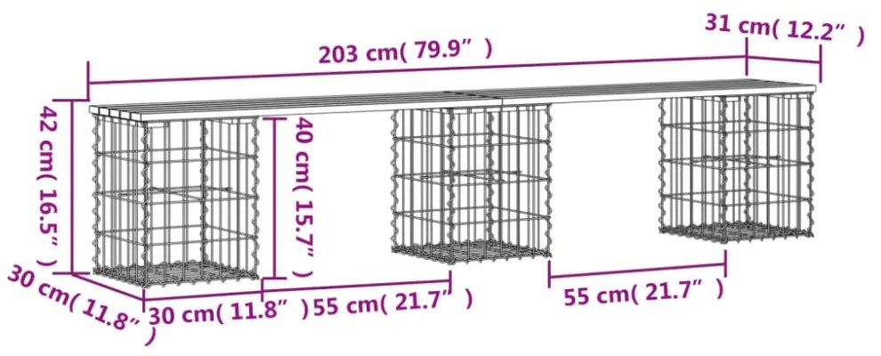 tömör fenyőfa gabion kerti pad 203x31x42 cm