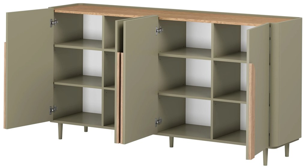 Amilio komód 200 cm négyajtós lábakon - eukaliptusz / baltic dune tölgy / natúr tölgy fogantyúk