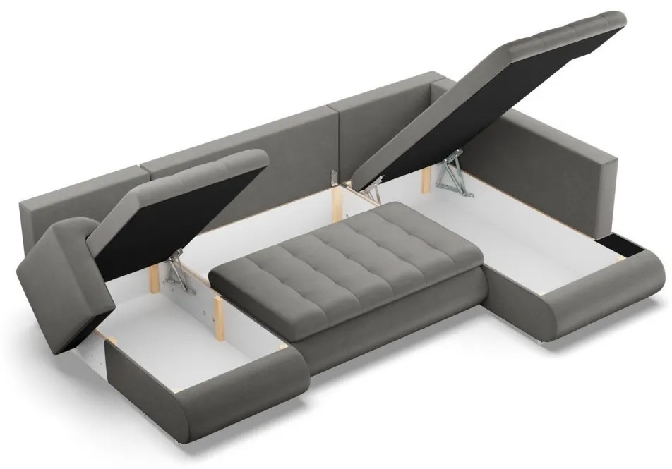 Tokio U sarokkanapé, 3 ágyneműtartóval, bársony, jobboldali, világosszürke