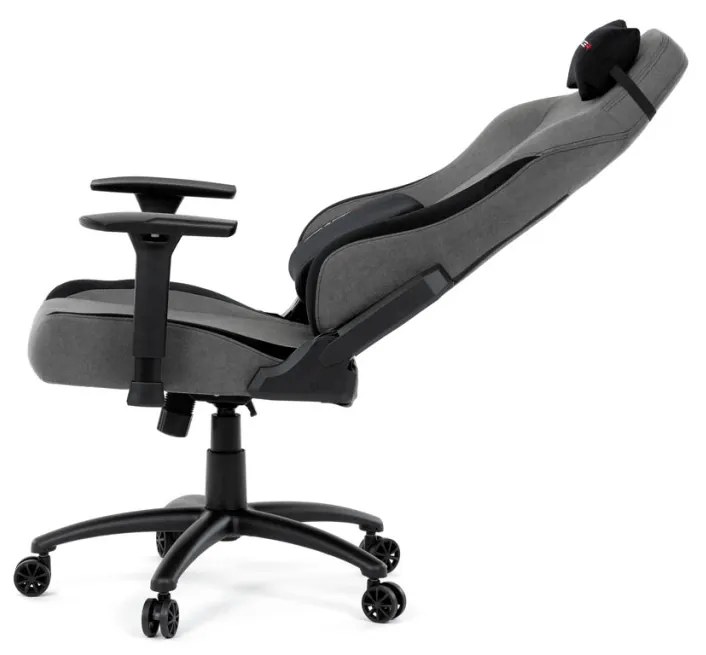 Scaun pivotant pentru gamer, țesătură gri, structură balansoar, poziționare spătar 90°-180°, cotiere 3D, spumă cu memorie și perne