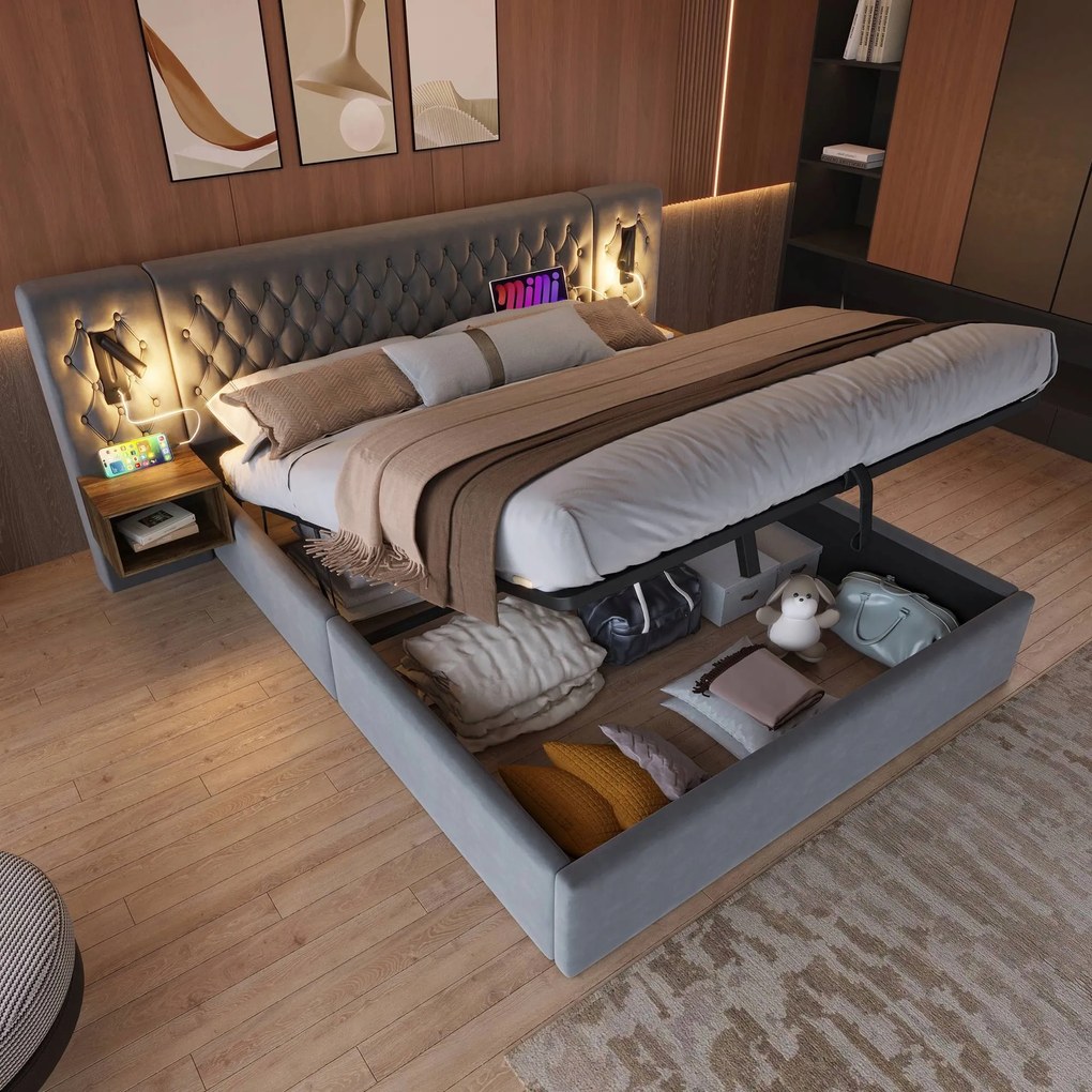 Kárpitozott ágy Hidraulikus franciaágy 180 x 200 cm Led Usb szürke