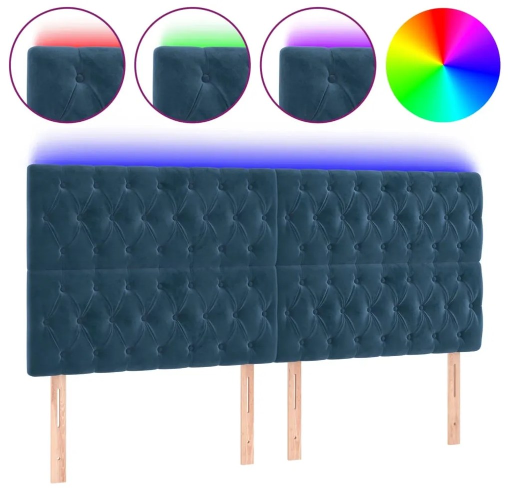 sötétkék bársony LED-es fejtámla 180x7x118/128 cm
