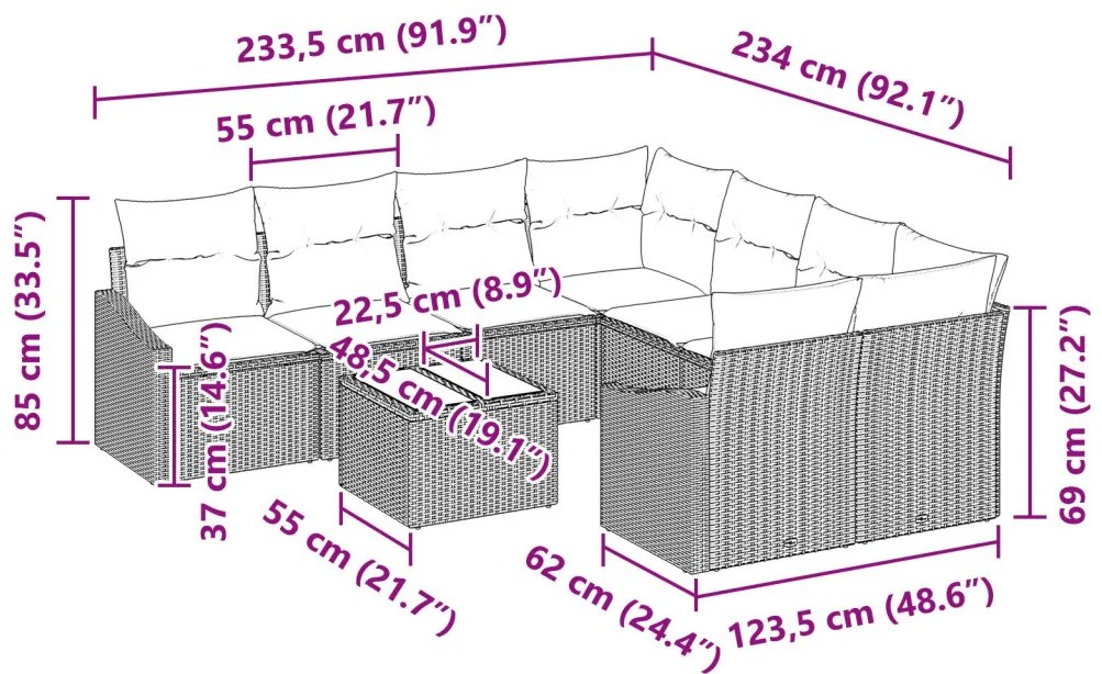 Kerti Kanapé Szett 9 Darab Fekete Rattan Négyfős Kültéri Kanapé