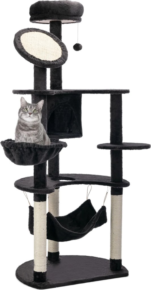 PawHut Nagyméretű Macska Karomfűrész 65x50x153 cm - Macska Torony Játék Központ Több Platformmal, Posta, Függőágy, Játék Labdák és Sötétszürke Barlang