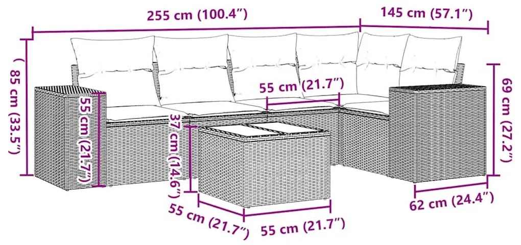 6 részes világosszürke polyrattan kerti ülőgarnitúra párnákkal