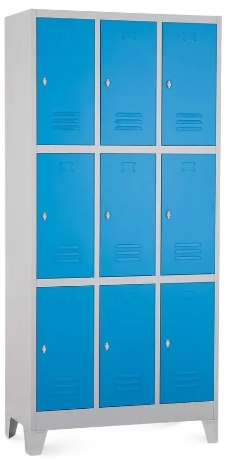 Fém szekrény - 9 doboz, 90 x 45 x 195 cm, fix lábakkal, lakathoz zár, kék - ral 5012