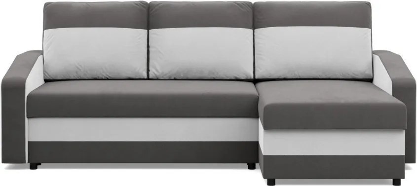 Hewlet sarokkanapé, 1 ágyneműtartóval, szövet anyag, univerzális oldal, bonell töltet, szürke - fehér