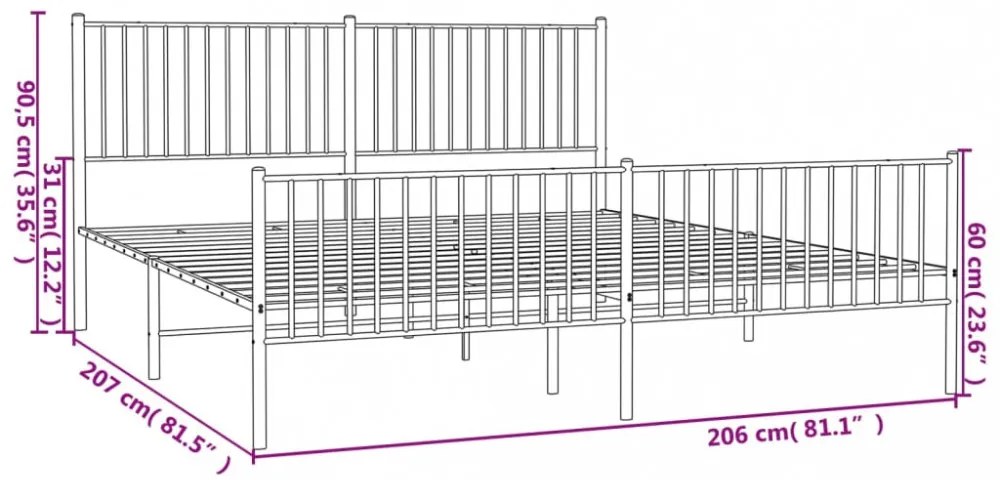 fekete fém ágykeret fej- és lábtámlával 200 x 200 cm
