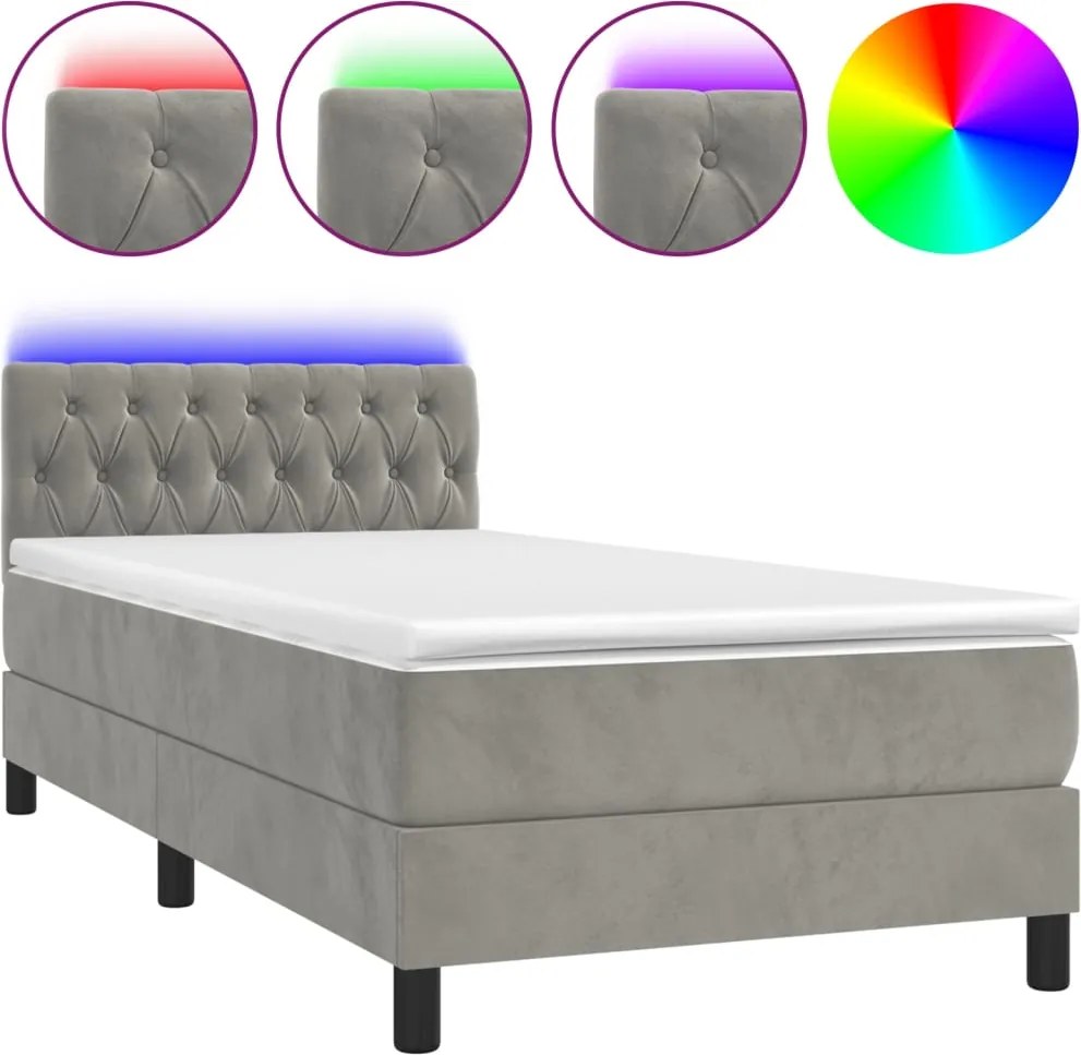 vidaXL világosszürke bársony rugós és LED-es ágy matraccal 90x190 cm
