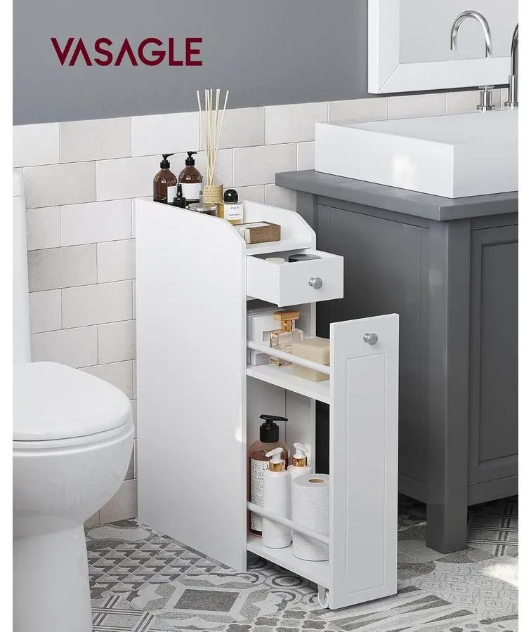 VASAGLE kis fürdőszobai szekrény, álló tárolószekrény kis helyiségekbe, fehér színben