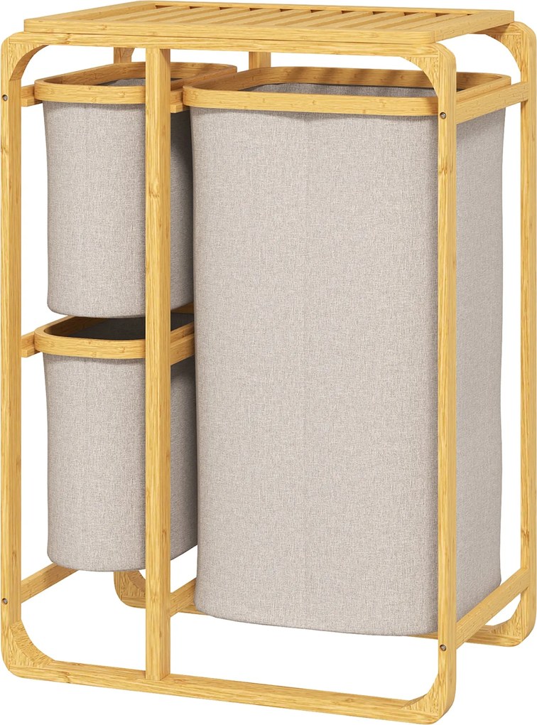HOMCOM Helytakarékos Mosoda Kosár, Elegáns Kosár 3 Kivehető Textil Táskával és Polccal, Bambusz, 50x32x69.7 cm, Bambusz és Krém Szín | Aosom