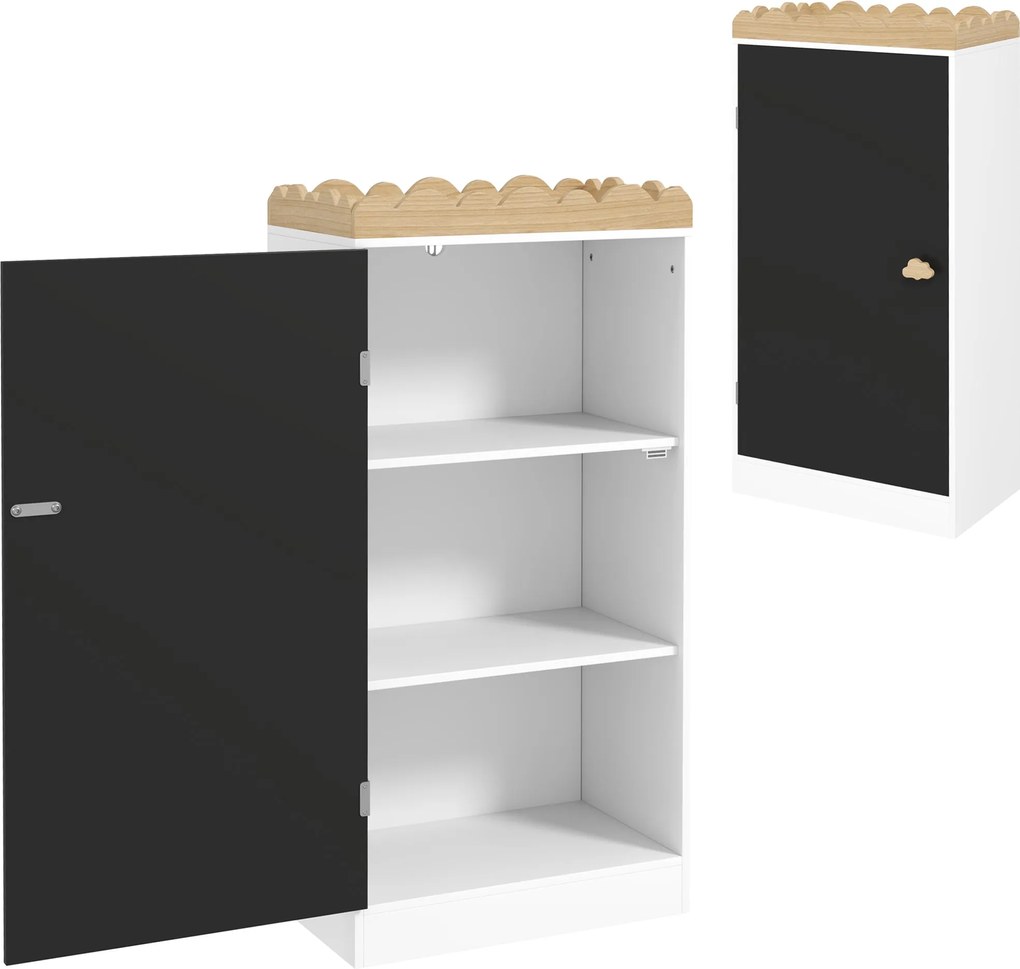 AIYAPLAY Gyerek Tároló Szekrény, Gyermek Játék Tároló, Fekete Táblás Ajtóval, 3 Rekesszel és Felső Polccal a Hálószobába, Játszószobába, Kisgyermek Sz