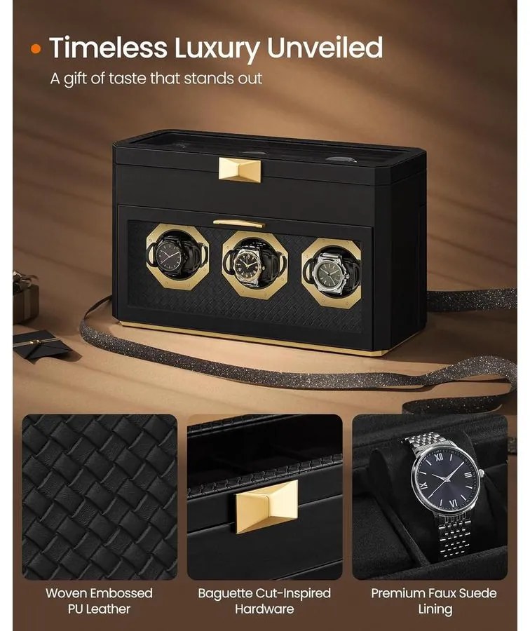 Óradoboz, függőleges óravitrin üvegablakkal, állítható óratartók, fekete