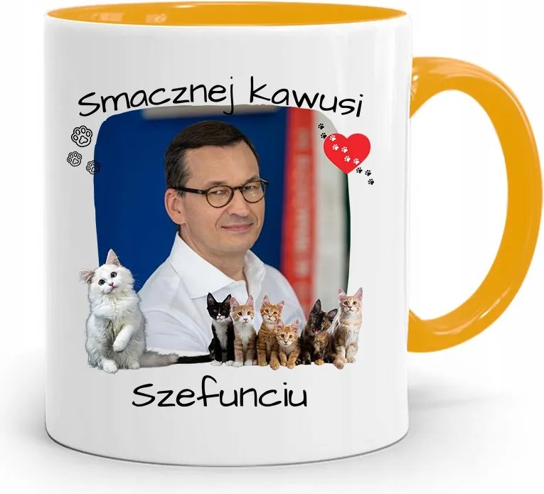 Sárga Politikus Bögre Mateusz Morawiecki Miniszterelnök fényképes nyomtatással