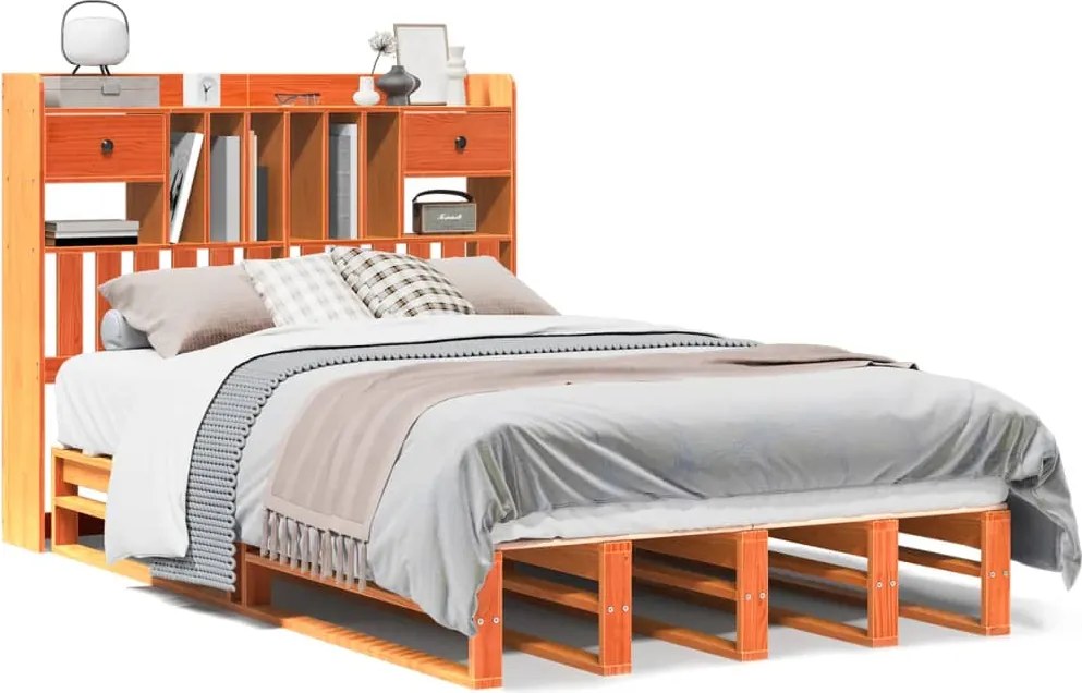 vidaXL barna tömör fenyőfa könyvespolcos ágy matrac nélkül 135 x 190cm