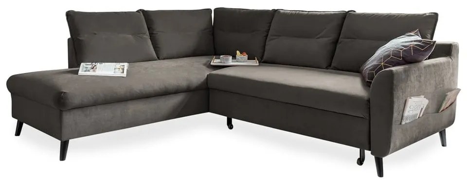 Stylish Stan L sötétszürke kinyitható bársony sarokkanapé, bal oldali - Miuform
