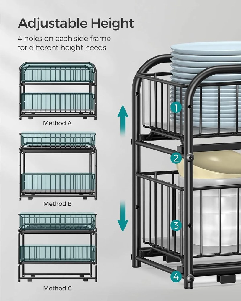 VASHOME konyhai rendező, 2 szintes egymásra helyezhető mosogató alatti rendszerező, fekete, 36x21x25-31cm