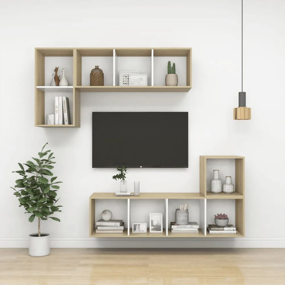 fehér és tölgyszínű szerelt fa fali TV-szekrény 37x37x142,5 cm
