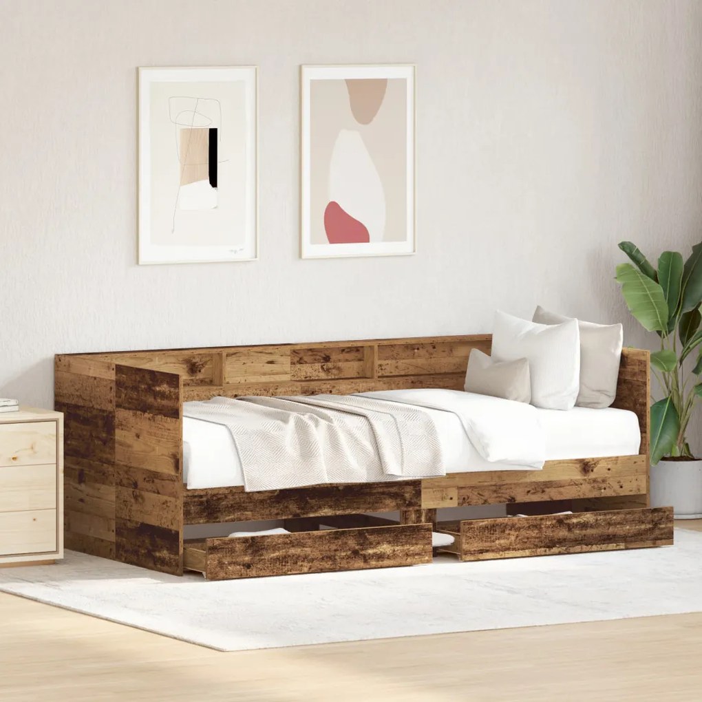 vidaXL Nappaliágy fejtámlával fiókkal Öreg fa 90 x 200 cm Faanyag