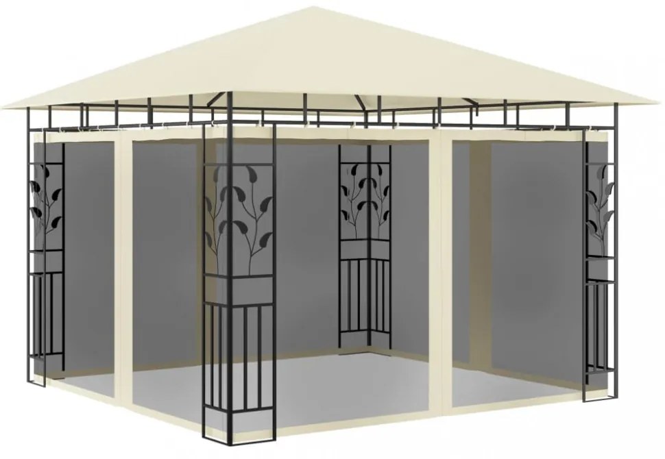 krémszínű pavilon szúnyoghálóval/LED fényfüzérrel 3x3x2,73 m