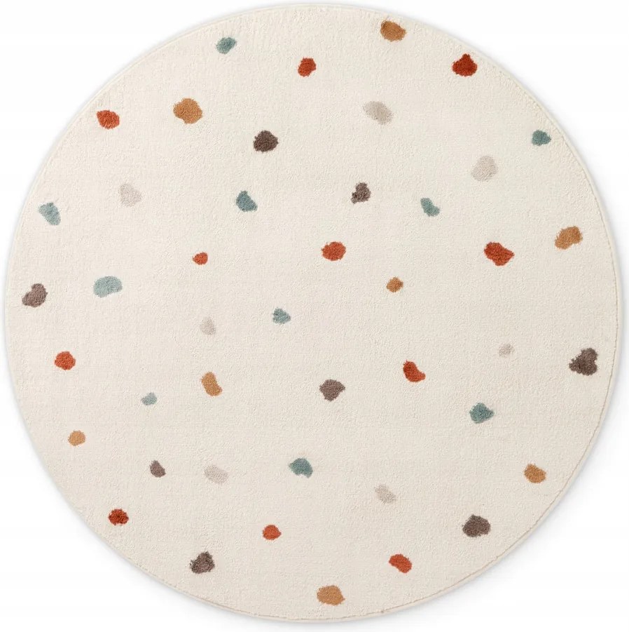 Gyerekszőnyeg kerek 160cm, krémszínű, színes pöttyökkel, puha szőr