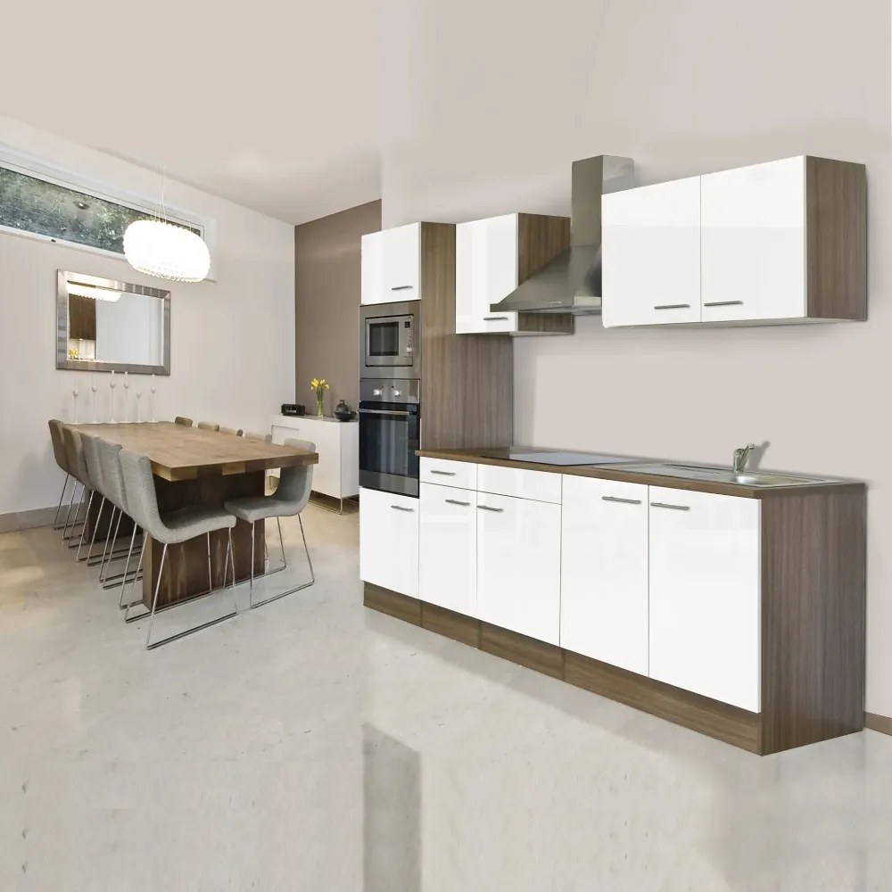 Yorki konyhabútor Yorki tölgy korpusszal, selyemfényű fehér fronttal 270 cm-es méretben