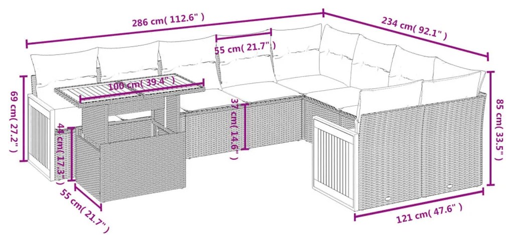 10 részes bézs polyrattan kerti ülőgarnitúra párnával