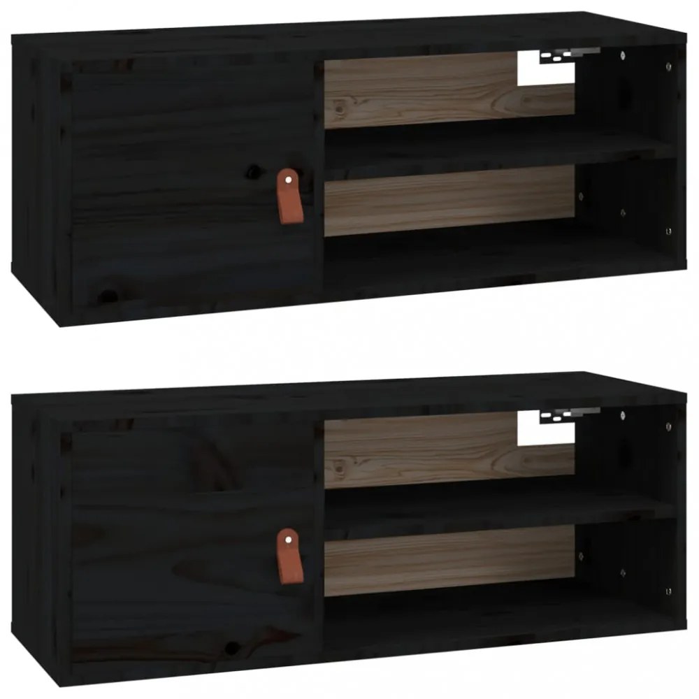 2 db fekete tömör fenyőfa faliszekrény 80 x 30 x 30 cm