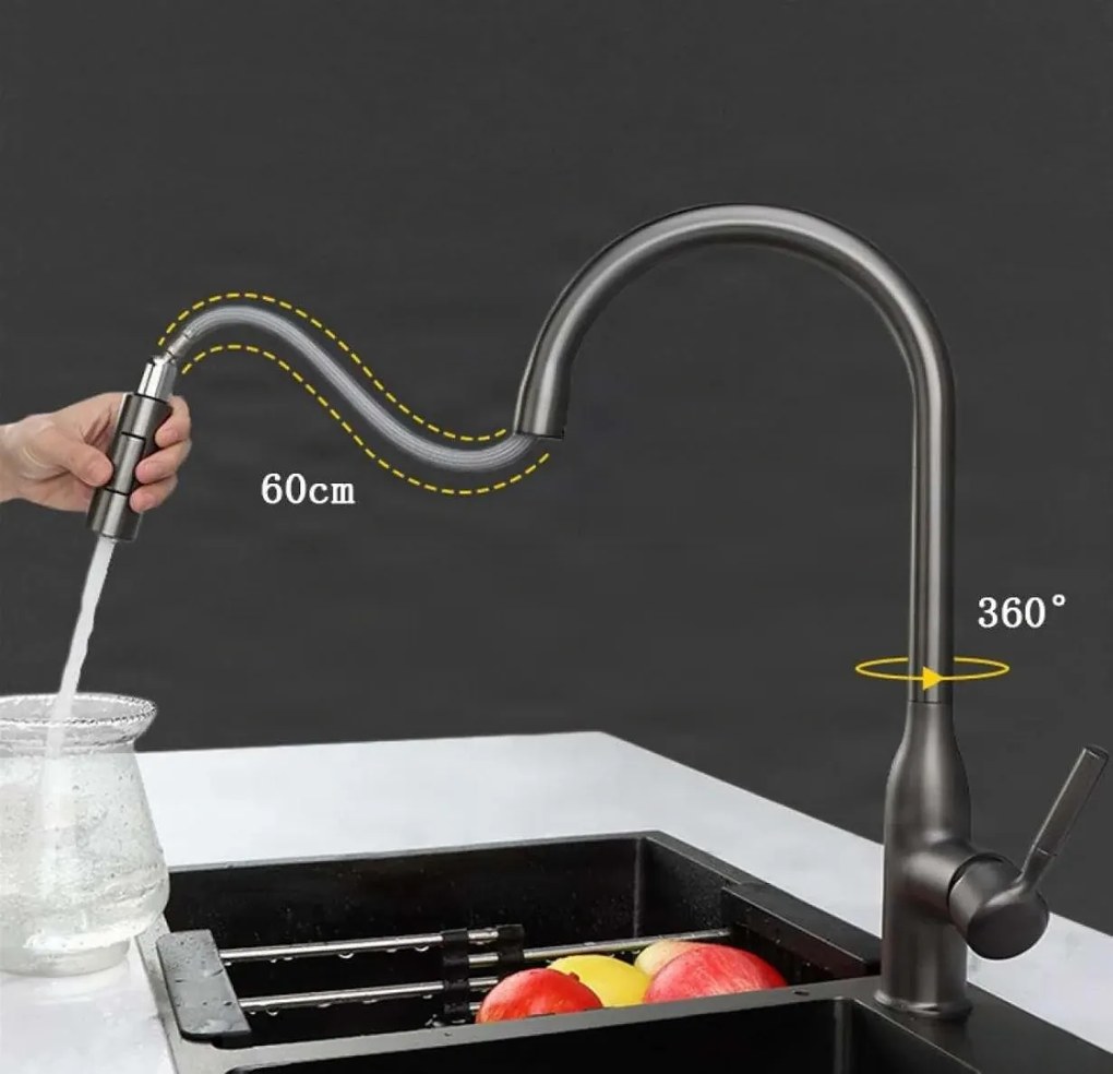 Konyhai csaptelep EYN KS15174 kihúzható, több vízsugaras zuhanyfejjel, ezüstszürke és további színváltozatokban — Gunmetal szürke